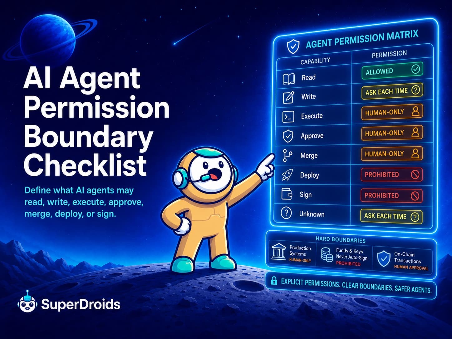 AI Agent Permission Boundary Checklist — agent permission matrix showing read, write, execute, approve, merge, deploy, and sign capabilities mapped to allowed, ask-each-time, human-only, and prohibited states.