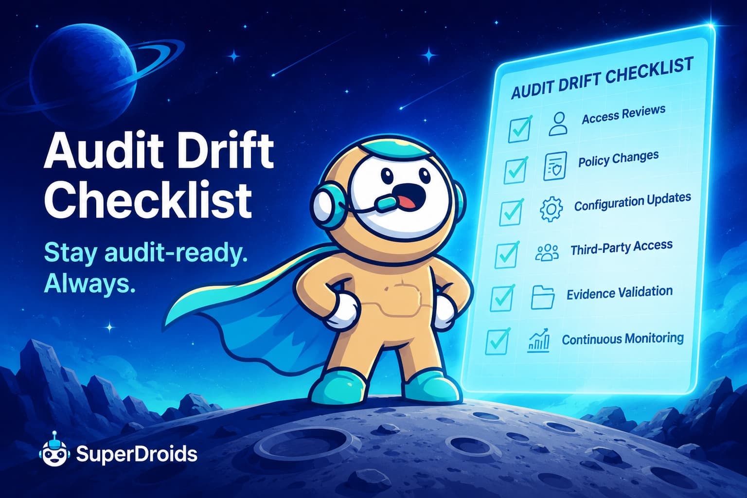 Audit Drift Checklist — stay audit-ready, covering access reviews, policy changes, configuration updates, third-party access, evidence validation, and continuous monitoring.